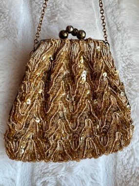 Vintage Gold Sequin & Beaded Kisslock Clutch Chain Evening Bag| Art Deco